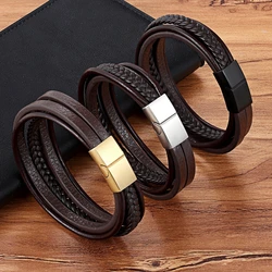 XQNI 19/21/23CM Leather Bracelet Black & Brown Color with Stainless Steel Buckle Easy Hook Bangle For Cool Boys Jewelry Gift