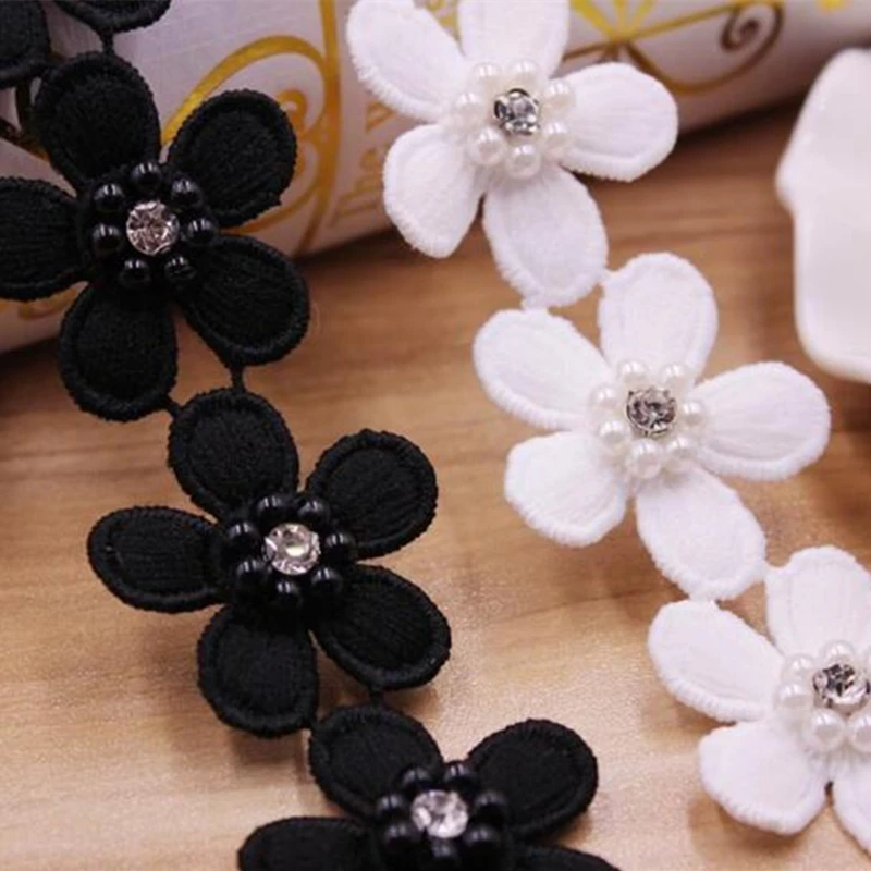 Black White Pearl Flower Handmade Beaded Embroidered Lace Edge Trim Ribbon Double Layered Applique Dress DIY Sewing Craft