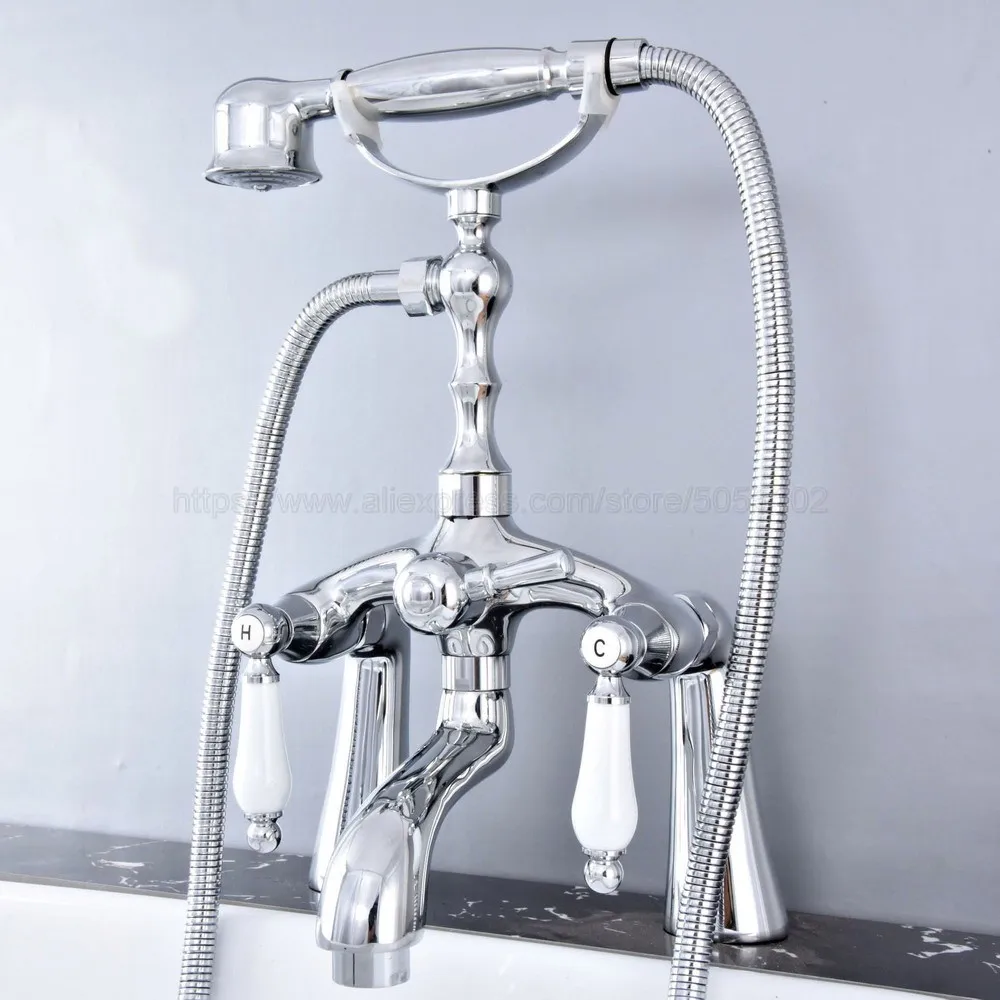 

Bathroom Deck Mounted Shower Faucets Set Bathtub Faucet Water Mixer Tap Polished Chrome with Hand Shower ztf760