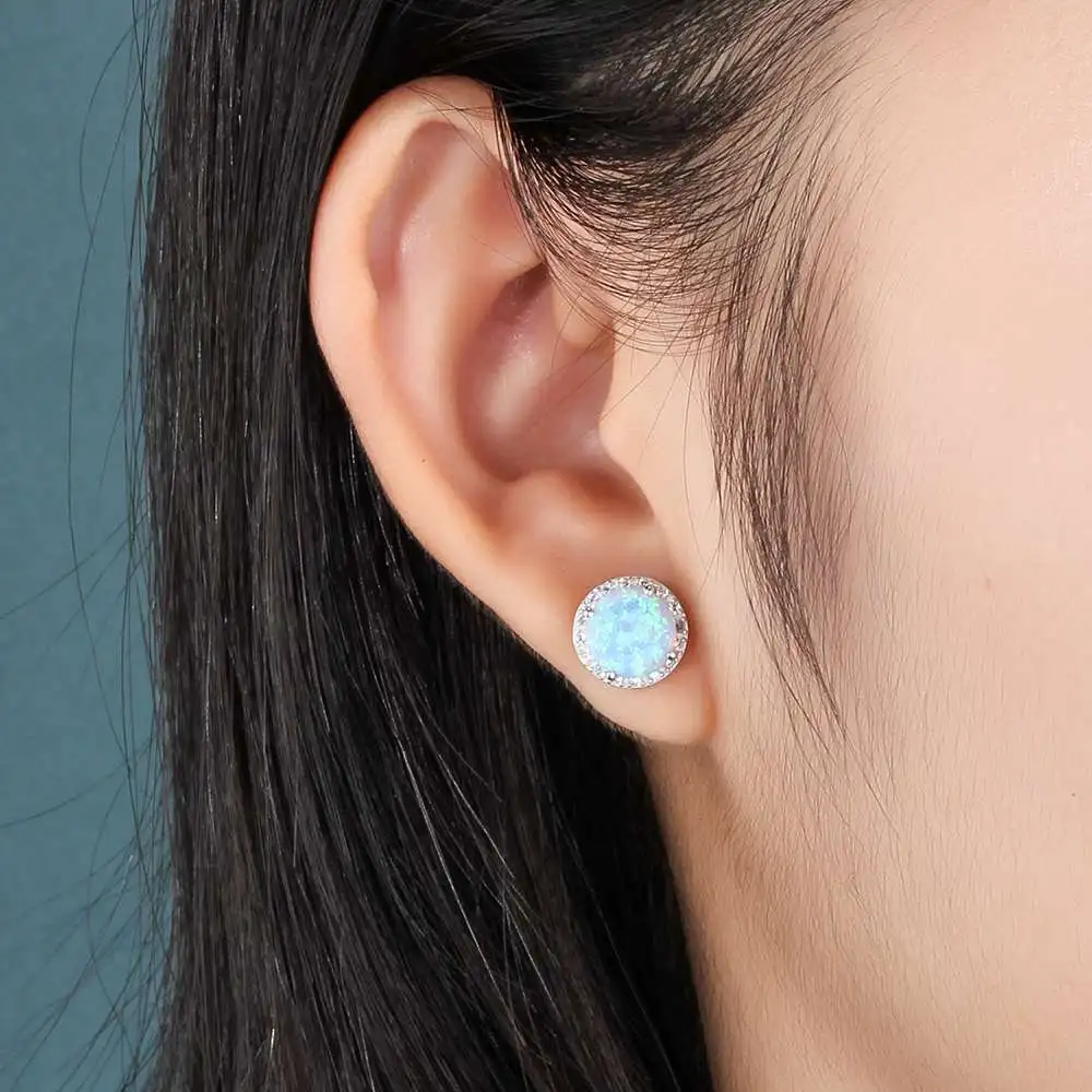 Classic 925 Sterling Silver Stud Earrings Round White Pink Blue Opal Earrings with Cubic Zirconia Jewelry Gift (Lam Hub Fong) images - 6