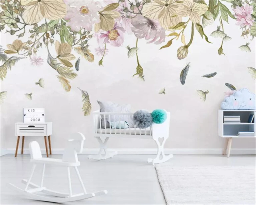 Custom Wallpaper Modern small fresh leaves floral feathers watercolor style background wall wallpaper for kids room mural