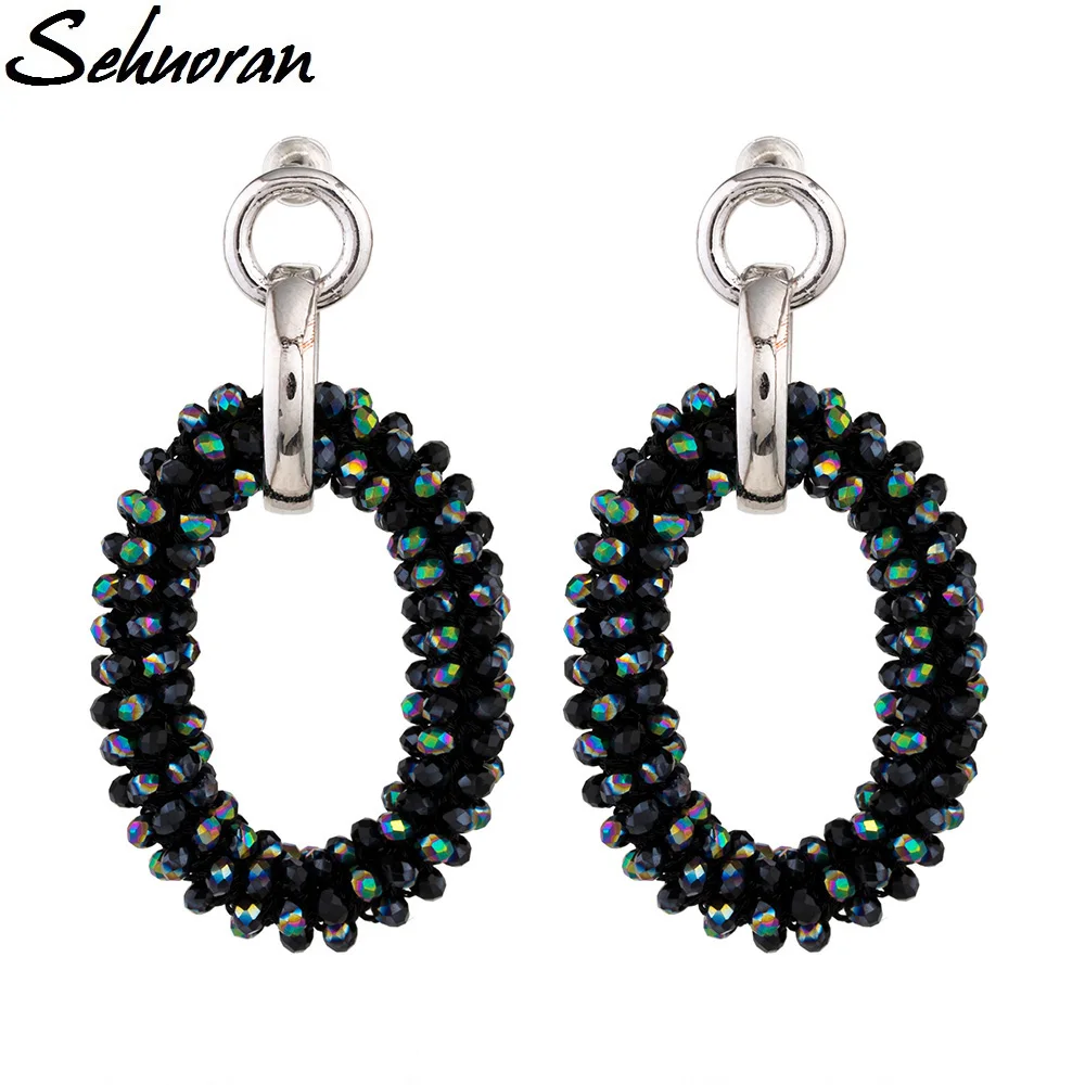 Sehuoran Lange Oorbellen Use New Color Crystal Beads National Craft Weaving Oval Pendants Large Earrings Jewelry