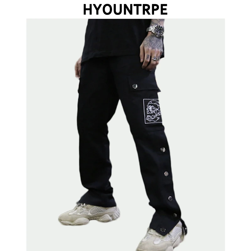 2019 novos bolsos de carga streetwear calças de homem casual hip hop joggers botão lateral calças com cordão de cintura elástica