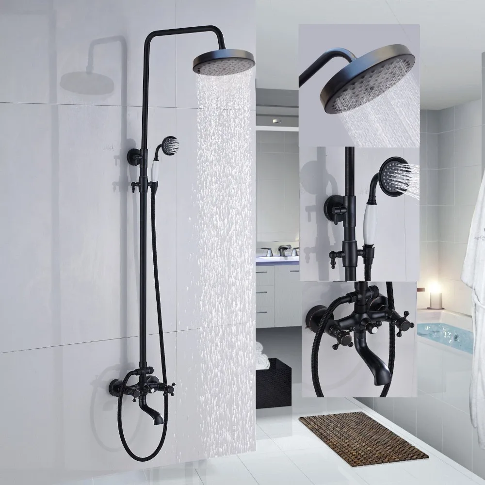 Wall Mounted Oil Rubbed Bronze Rainfall Bathroom Shower Faucet Set Bathtub Spout Mixer Tap Double Handles Shower KD220