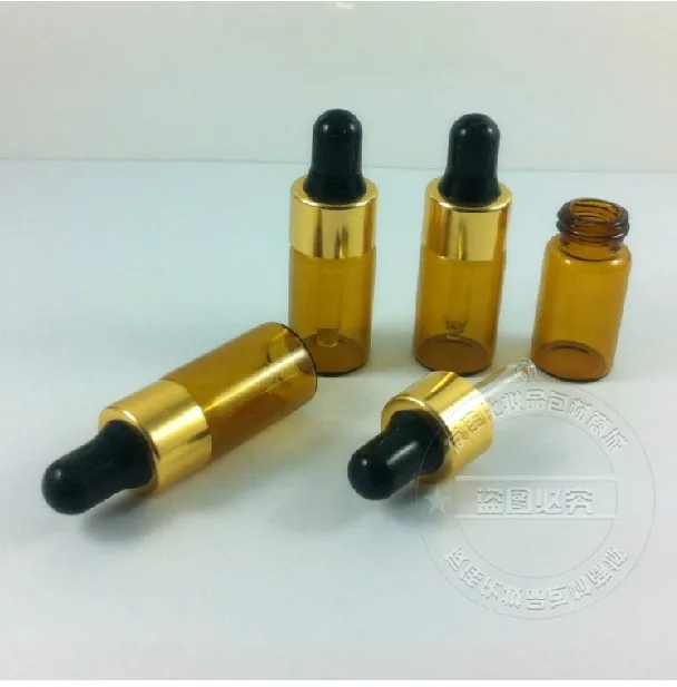 

100pcs 3ml amber Glass Essential Oil Bottle With gold ring+black rubber dropper lid,mini 3 ml amber empty glass sample bottle,