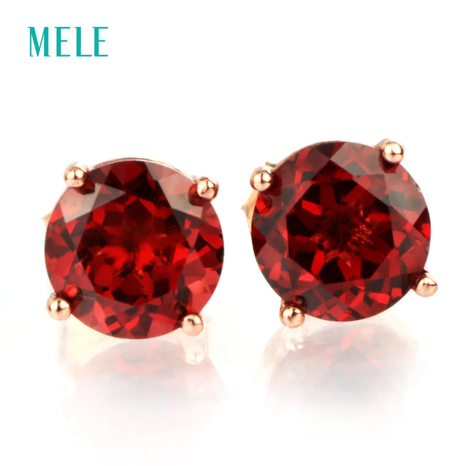 

MELE Natural red garnet silver earring, round 6mm*6mm, deep red color and good cutting fire, romantic and elegant style