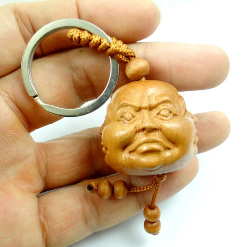 Natural mahogany three-dimensional engraving Buddha wood keychain realistic key ring jewelry gift for men and women 1pc