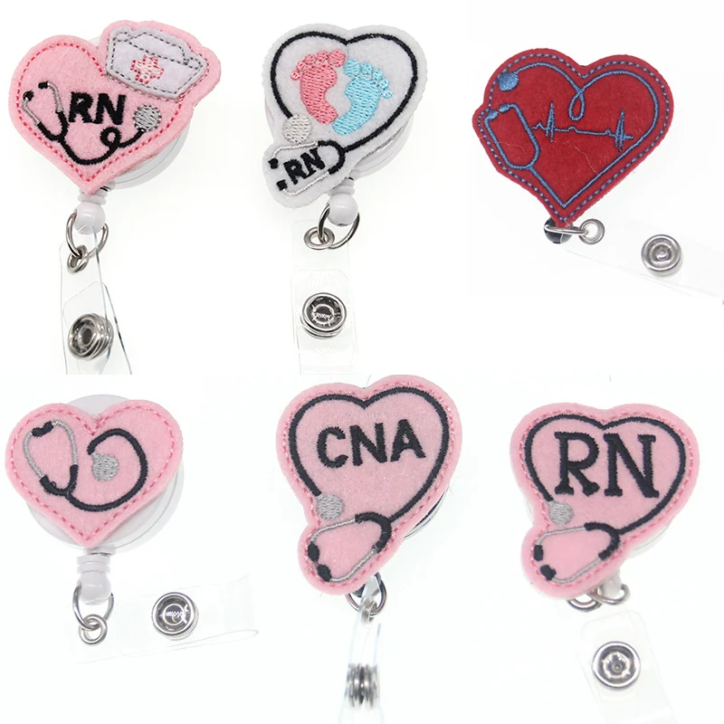 pink heart shape nurse RN badge reel retractable felt medical CNA Stethoscope Nurse Exihibiton ID Name Card Badge Holder gifts