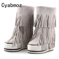 Handmade Fringe Booties Height Increasing 13cm Winter Warm Genuine Leather Suede Tassel Snow Boots Women Platform Elevator Shoes