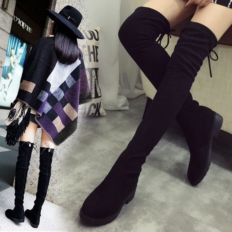 

2019 women's boots autumn and winter new over the knee boots sleek minimalist comfort plus cotton flat Flock boots