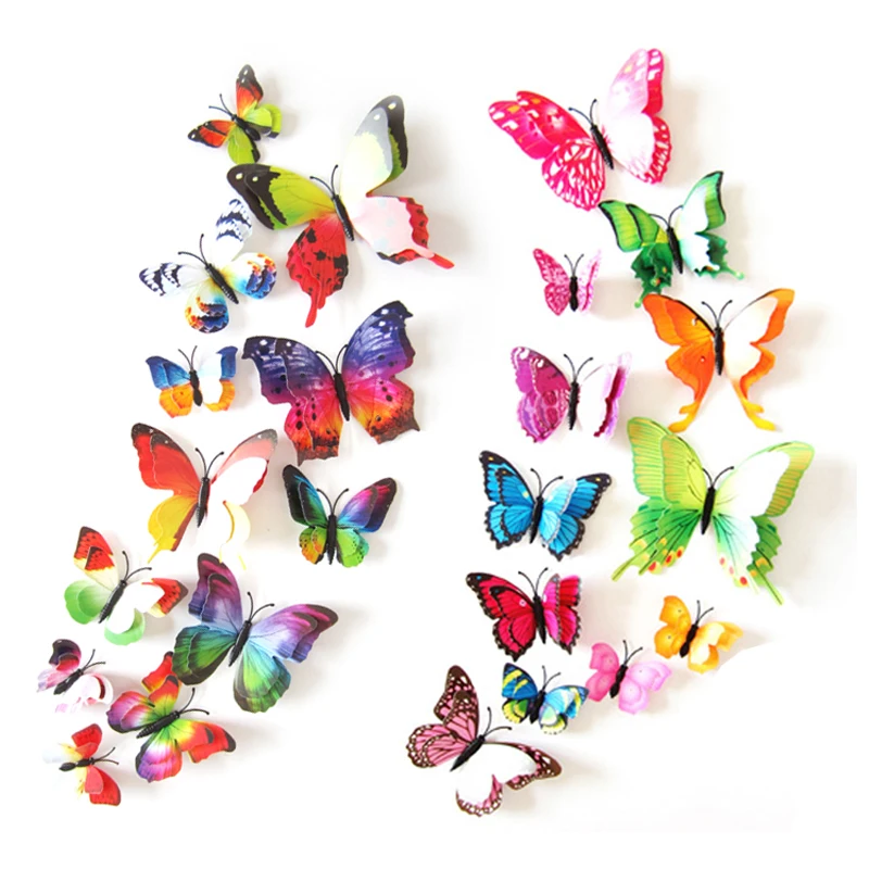 12 Uds. Pegatinas de pared de mariposa de doble capa 3D para decoración de boda, calcomanías magnéticas para nevera, decoración de la habitación del