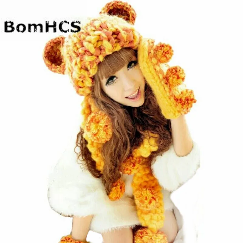 BomHCS Beanie+ Gloves+ Scarf 100% Handmade Knit Hat Neckerchief Mittens Cute Ears Soft Pompoms