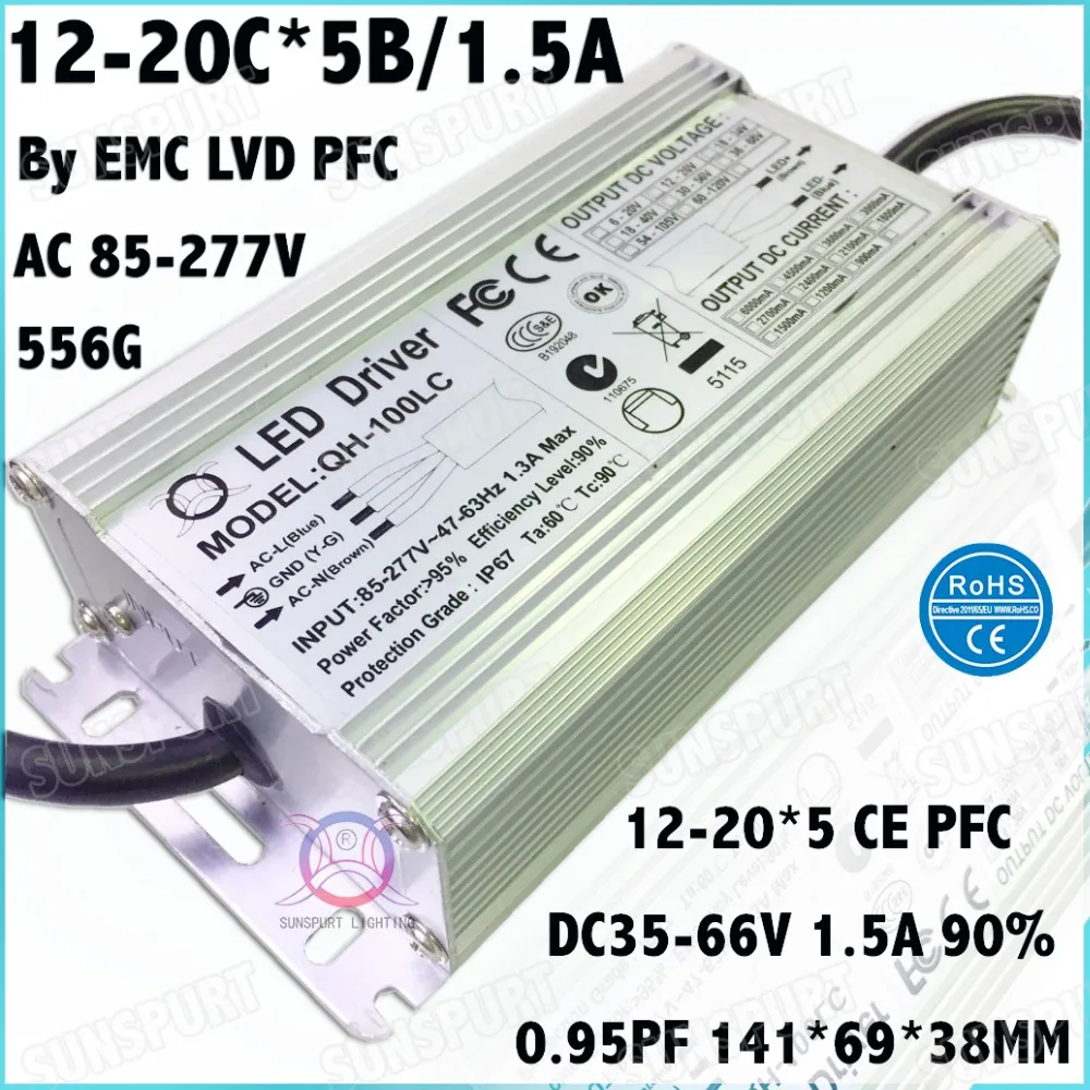 2 Pcs By EMC LVD IP67 100W AC85-277V LED Driver 12-20x5B 1500mA DC35-66V Constant Current LED Power For Spotlights Free Shipping