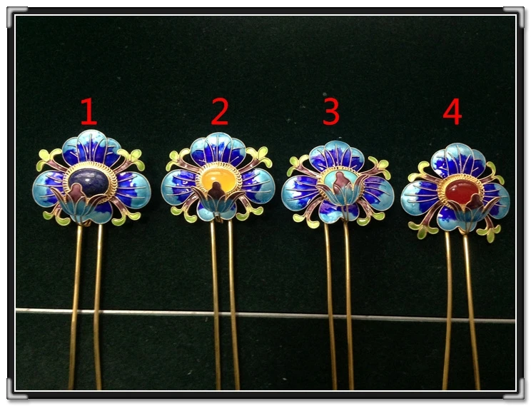 

999 Fine Silver Gold Plated Cloisonne Hair Stick Pure Handmade Antique Pinach Artwork Miao Minority Group Hair Accessories