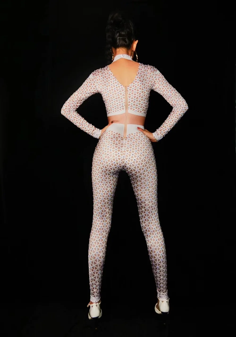 สีขาวรูปแบบเรขาคณิต Rhinestones Nude Jumpsuit ใหญ่ยืด Leggings ผู้หญิงพรหมปาร์ตี้ไนท์คลับบาร์แสดงเซ็กซี่ Bodysuit