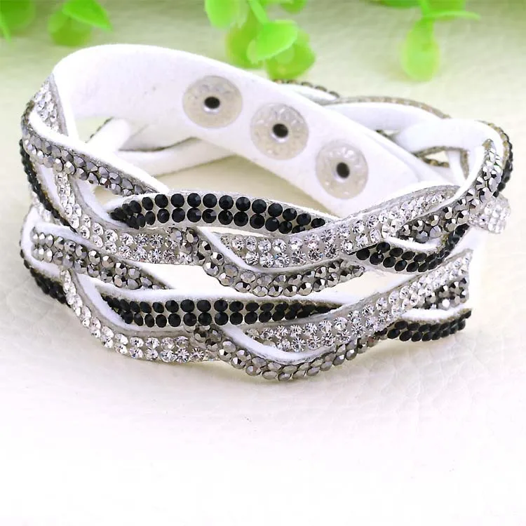 Miasol Braided Suede Leather Double Wrap Bracelet With Biling Crystal Rhinestone Wrapped Bracelet Armband For Women Gift