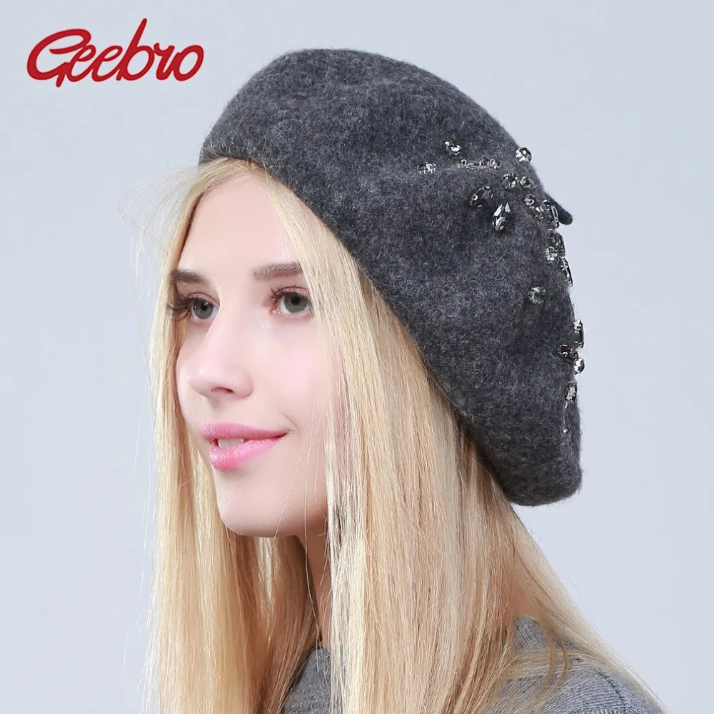 Geebro Women\'s Cashmere Beret Hat New Winter Floral Rhinestone Knitted French Artist  Cap Femme Plain Black Wool