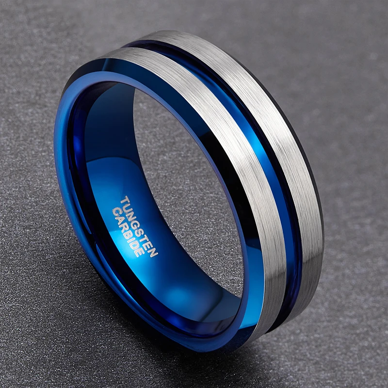 TIGRADE 8mm Men Black Tungsten Carbide Ring Thin Blue Line Wedding Band Vintage Men Jewelry Anime Anel Masculino Aneis Size 6-15