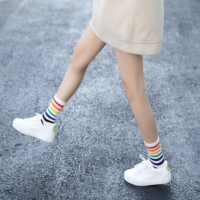 2024 new women socks 1 pair long cotton rainbow color striped printed novelty fashion lady autumn socks