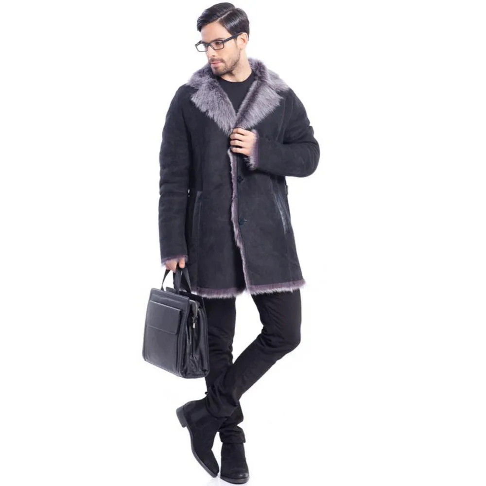 Mens New Style Leather Shearling Jacket Warm Exposed Shearling Notched Collar Black Long Leather Coat