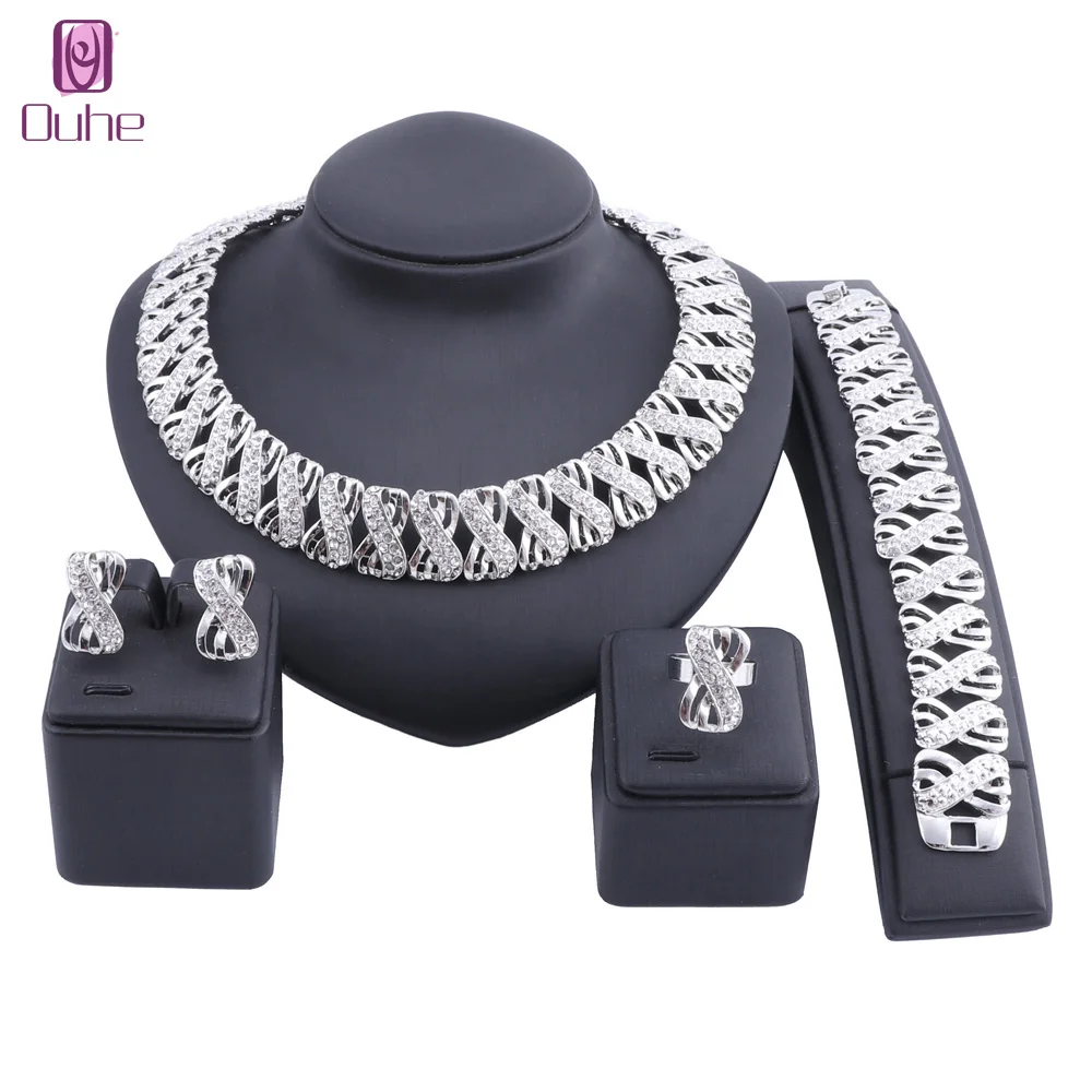 

Women Silver Color Crystal Wedding Necklace Bracelet Earrings Rings Statement Bridal Accessories Jewelry Set