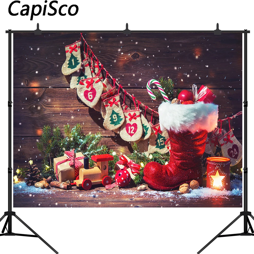 

Фон Capisco для фотостудии, рождественские сапоги, деревянный снег, подарок, конфетная трость, фон для фотобудки, декор для фотосессии, фотосессия