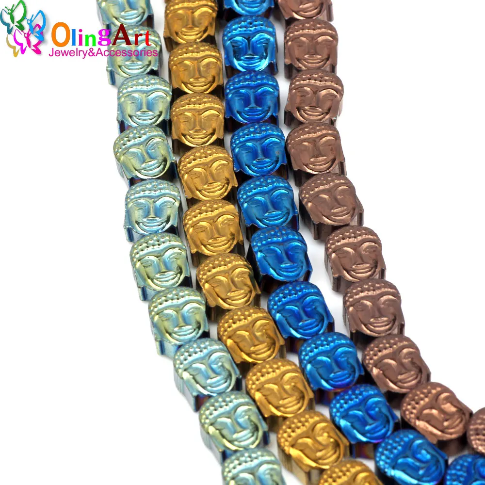 OlingArt 8MM 24pcs Natural Stone Black Hematite Beads Metal plating color Buddha head DIY necklace Bracelet jewelry making