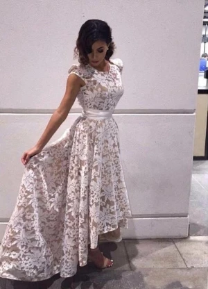 2020 nova elegante boné mangas alta baixa vestidos de noite branco champagne forro rendas apliques formal festa formatura vestidos