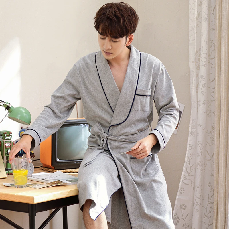 Big Yards M-XXXL Spring Men Gray Color Robes Long Sleeve Robe Coat albornoz hombre Male Sleepwear Kimono Bath Gown With Belt