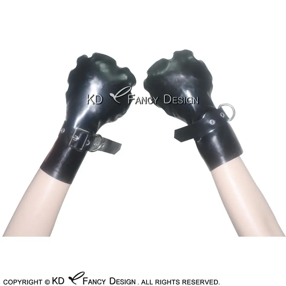 Black Sexy Short Latex Gloves With Belts And Mini Buckles Rubber Mitts Plus Size ST-0002