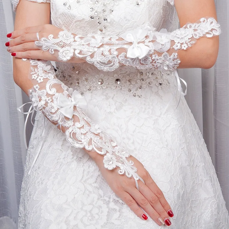 JaneVini White Long Fingerless Wedding Gloves With Pearls Bow Women Bridal Lace Aplique Wedding Glove Elbow Length Bride Gloves