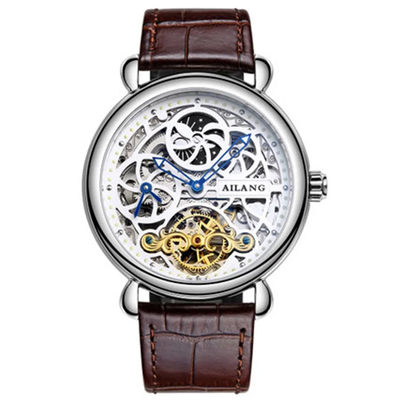 Deluxe Automatic Mechanical Watch Dial Dual Time Zone Function Group Male Sun And Moon Stars Display Leather Watch Skeleton