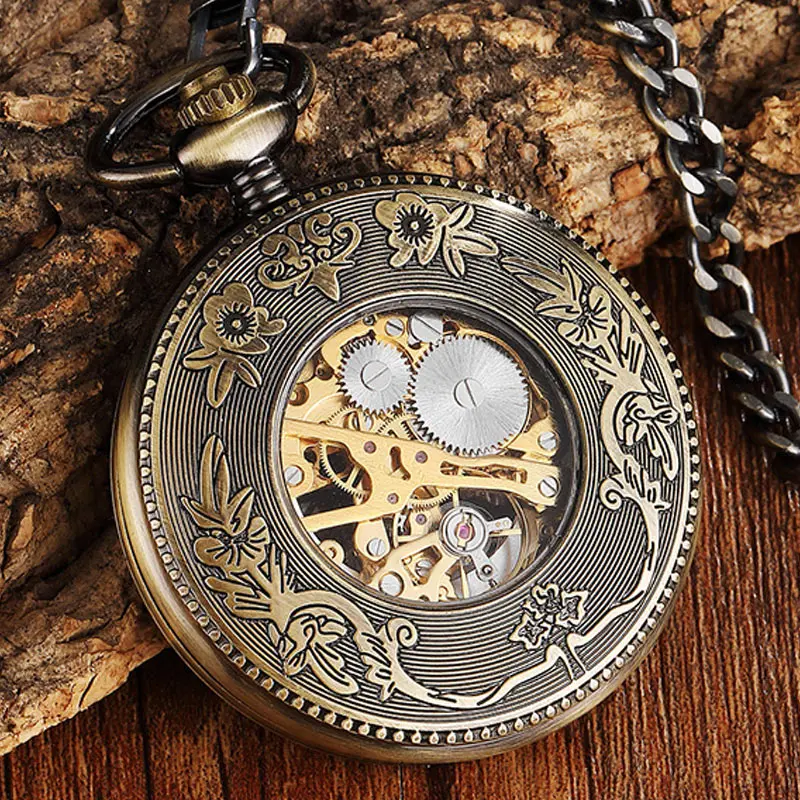 Reloj de bolsillo mecánico Vintage para hombre y mujer, accesorio con grabado de caballo, bronce, esqueleto, Steampunk, cadena Fob, collar