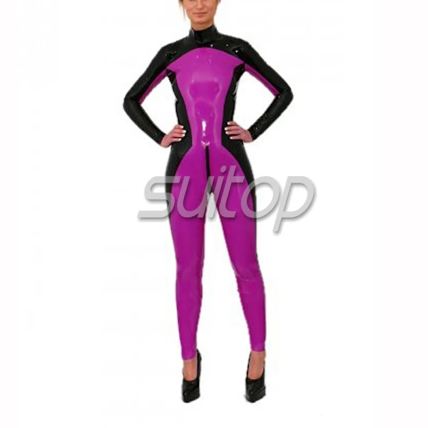 Natur gummi latex handgemachte zentai fetisch strumpfhosen catsuit für frau in lila und schwarz