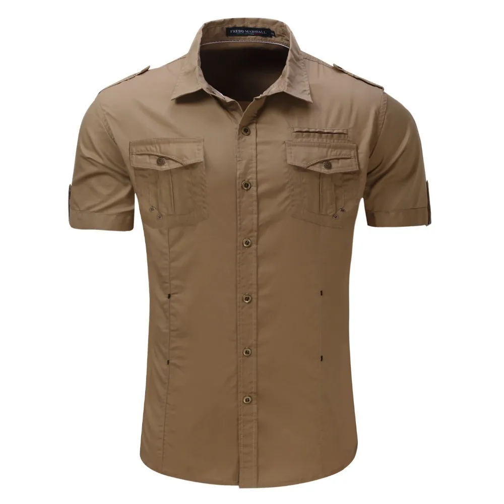 2022 New Arrive Mens Cargo Shirt Men Casual Shirt Solid Short Sleeve Shirts Multi Pocket Work Shirt Plus Size 100% Cotton