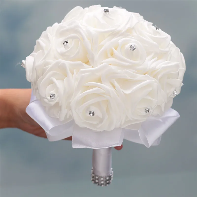 In Voorraad Pure White Diamond Lint Boeket Pe Bloem Schuim Bruidsboeket Ivory Cream Pe Rose De Mariage Wedding BouquetsW2018