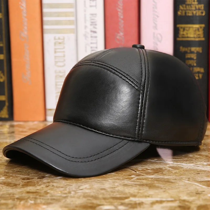 Adult 100% Genuine Leather Hat Men\'s Women\'s Autumn and Winter Sheepskin Baseball Cap Outdoor Leisure Earprotection Hat B-8651