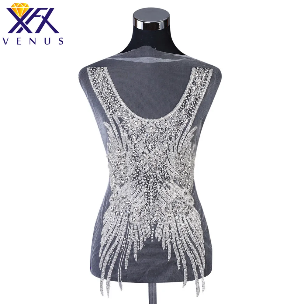 XFX VENUS Handsew on bodice rhinestone applique with glass beads pearls patch  wedding dress accessories for DIY