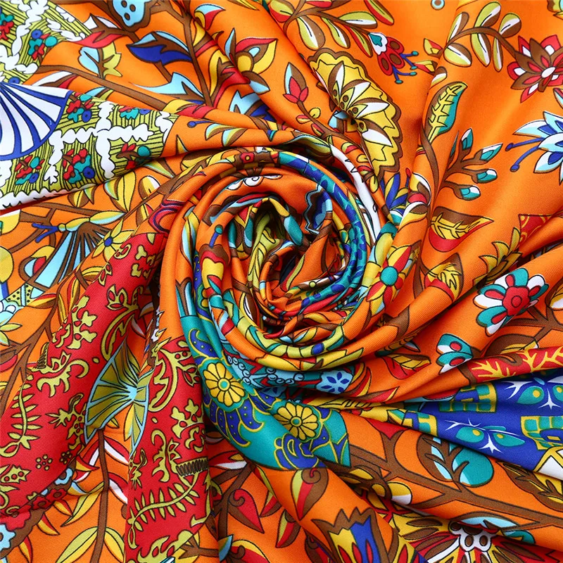 POBING Silk Scarf Women Floral Fan Print Stoles Bandana Female Beach Shawl&Wrap Large Foulard Square Scarves 130*130CM