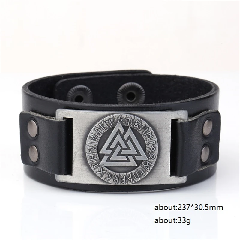 Skyrim Punk Valknut Nordic Leather Bracelet With Runes Totem Metal Charms Adjustable Vintage Wristband Leather Bracelet