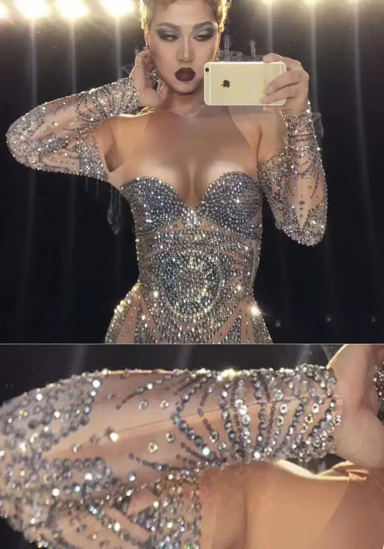 Vestido largo súper brillante con diamantes de imitación, disfraz Sexy de cristales brillantes plateados, vestido de noche para celebración de cumpleaños, traje lujoso