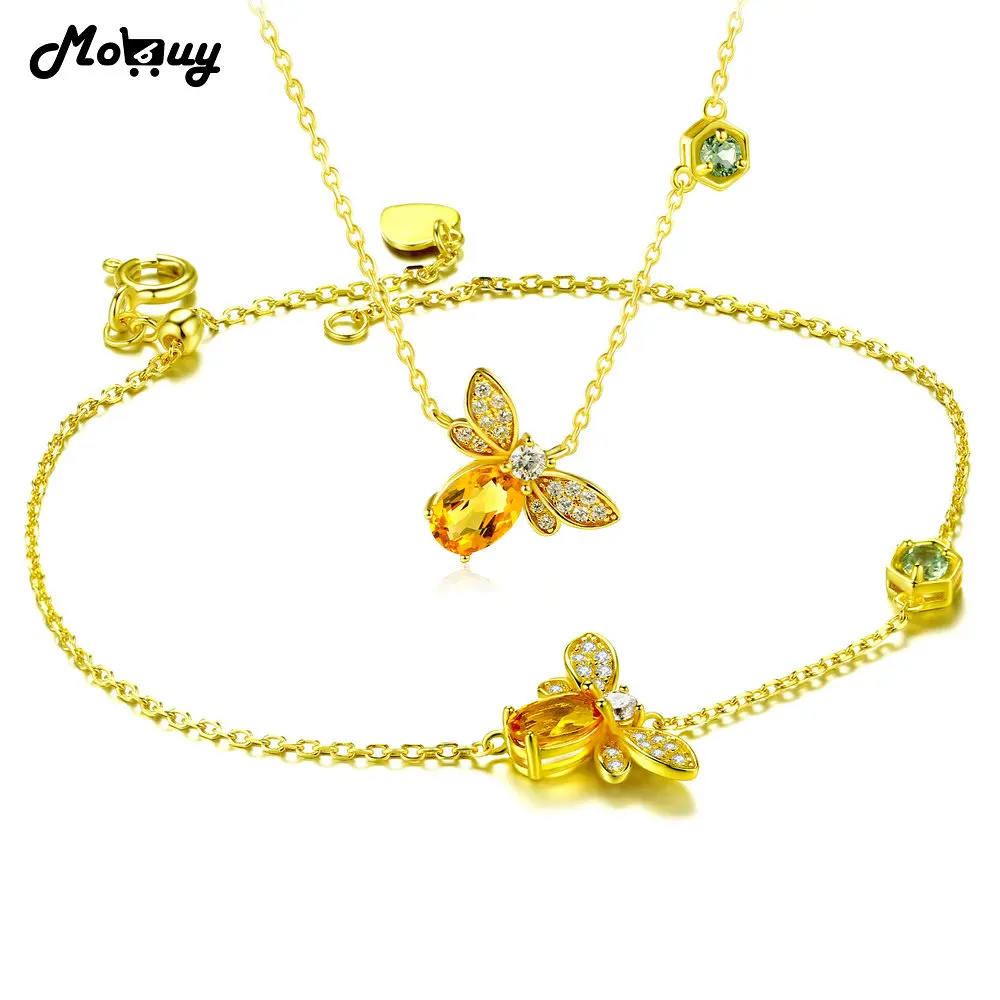 MoBuy Citrine Natural Gemstone 2pcs Jewelry Sets 100% 925 Sterling Silver Romantic Fine Jewelry For Women Anniversary V027HN