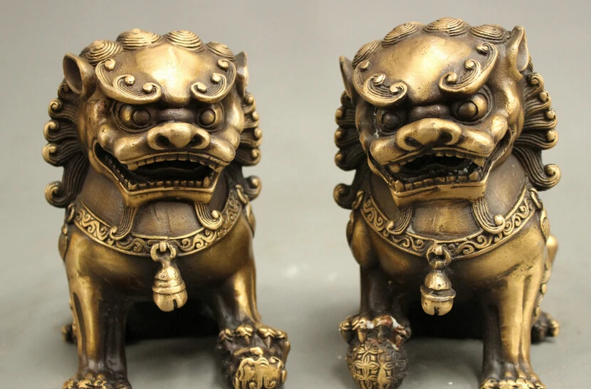 song voge gem S2815 Chinese Fengshui Bronze Ball Exorcise Evil Spirits Foo Fu Dog Lion Statue Pair