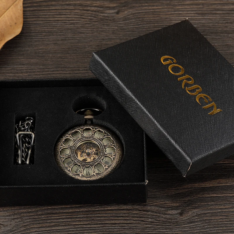 Antique Bronze Hollow Engrave Mechanical Pocket Watch Men Roman Numerals Hand Wind Watch Skeleton Pendent Steampunk Gift Box