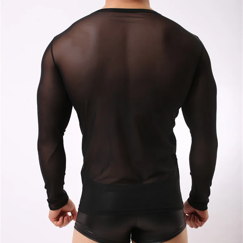 Mens Undershirt Gay clothing Nylon Mesh shirt men See Through Sheer Long Sleeves T Shirts Male Sexy transparent shirt Underwear