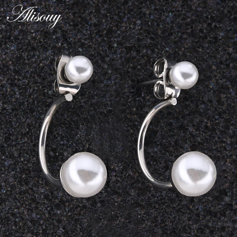 Alisouy 2pcs Fashion Women Double Pearl Balls Earring Studs Gold Color Stainless Steel Round Hook Stud Earrings Jewelry