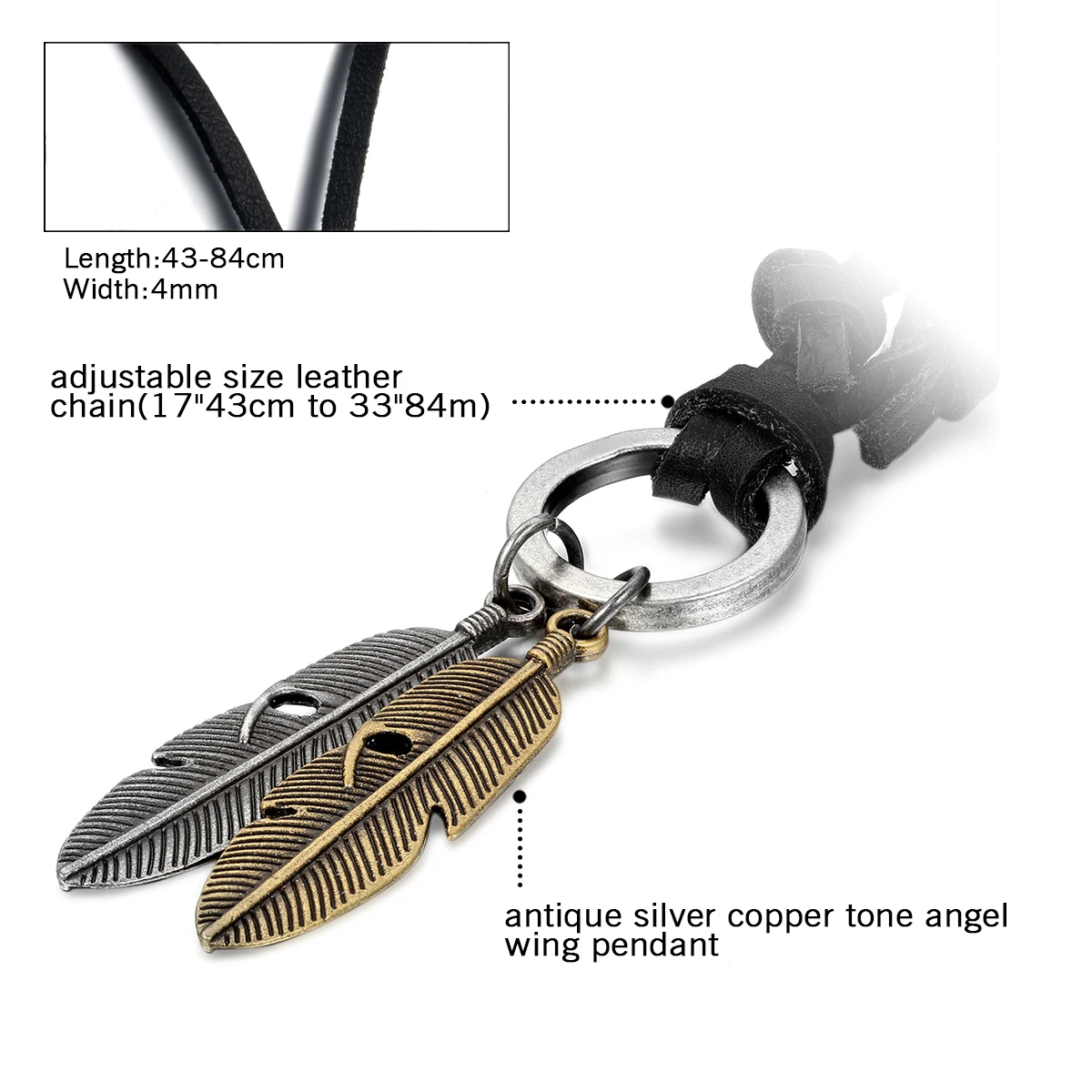 BONISKISS New Trendy Antique Bronze Angel Feather Leather Cord Mens Necklace Chain, Gold Silver Color  Brown Cool Gift