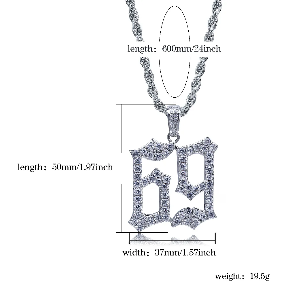 JINAO Hip Hop Fashion 69 Saw Necklace Cubic Zircon Gold Silver color Horror Movie Theme Digit Number Pendant Necklace Iced Out