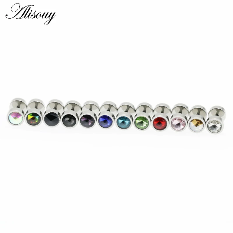 Alisouy 1pc Women Men Unisex Stud Earrings Barbell Ear Stud Pendientes Stainless Steel Crystal Zircon Anti-allergic Punk Jewelry