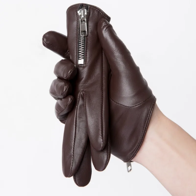 Men\'s Genuine Leather Gloves fashion classic short side zipper style Real Sheepskin Black Touch Screen Winter Warm